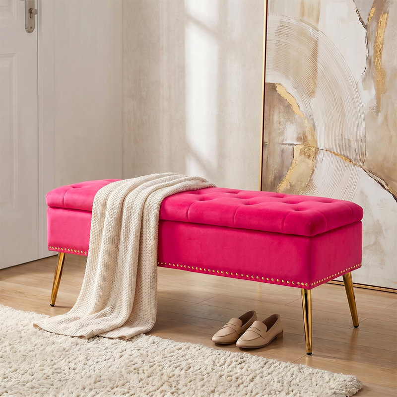 Banc de rangement rembourré en velours Kajana, Velours fuchsia