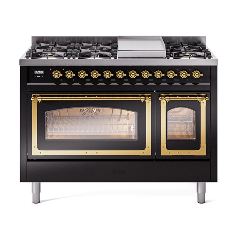 ILVE Nostalgie II Series Noblesse 48 inch Dual Fuel Range with 8 Sealed Burners, Griddle (Glass Door), Brass, Liquid Propane