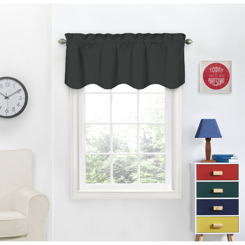 Eclipse Kids Macklin Solid Thermaback Blackout Rod Pocket Scalloped Window Valance, Black