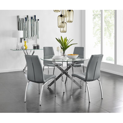 Tierra Sleek Metal and Glass Round Dining Table Set with 4 Faux Leather Upholstered Dining Chairs