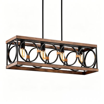 4-Light (Bulb NO Included)Farmhouse Rectangle Pendant Light,31.6" Nature Wood Texture Vintage Rustic Chandeliers Black Metal Industrial Hanging Light Fixtures for Kitchen, Entryway, Dining Room