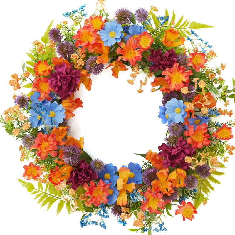 Couronne de fleurs artificielles 20 "printemps été pour porte d'entrée (mélange de bleu coloré)