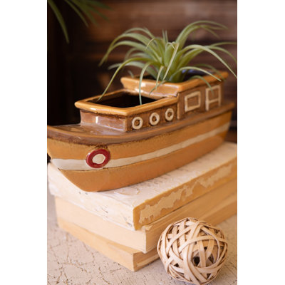  Handcrafted Ceramic Boat Planter – 4" Tall Display Pot Set of 2