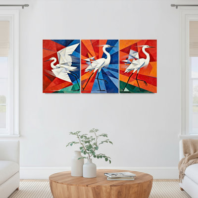 Ensemble de 3 tableaux abstraits géométriques sur toile tendue, représentant des grues, pour la décoration du salon, de la chambre et de la maison.