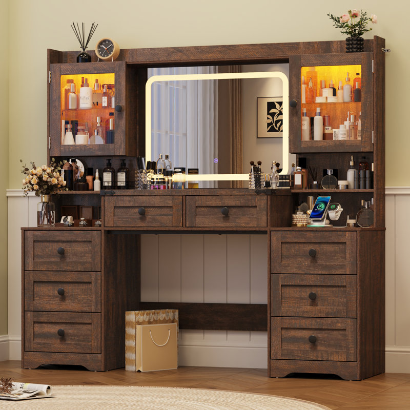 Bureau de meuble-lavabo 60 po avec miroir lumineux, plateau en verre trempé, prise de courant, 8 tiroirs et 2 armoires lumineuses RVB