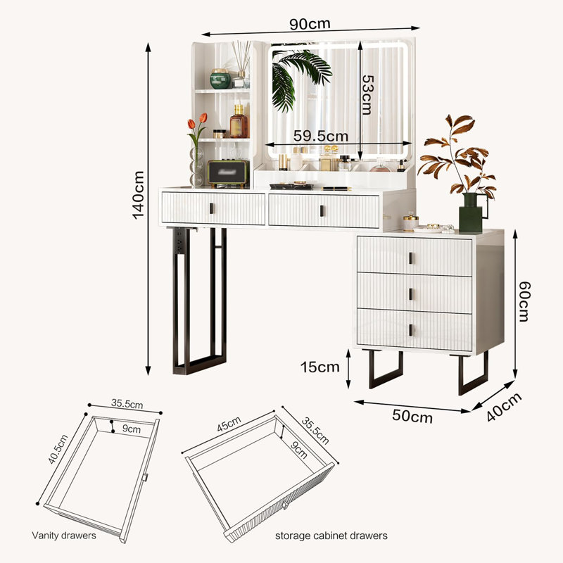 Large Vanity Desk with 3 Color Touch Screen Dimming Mirror, Vanity Desk with Charging Station, Modern Retractable Makeup Dressing Table, Makeup Table With storage shelves and 5 Sliding Drawers