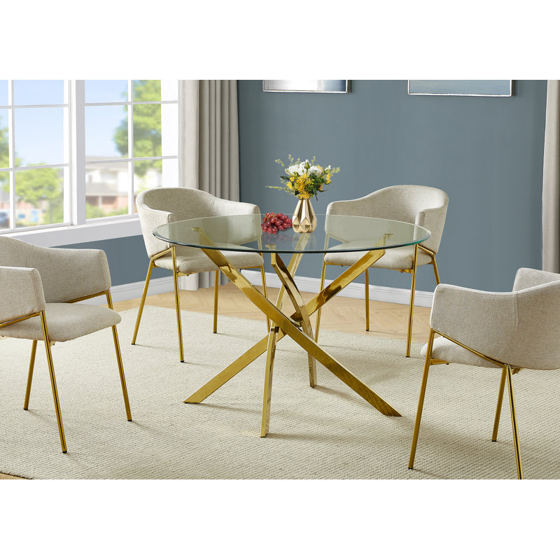 Table de salle à manger ronde en verre transparent Arianda 45 po x 45 po, Doré