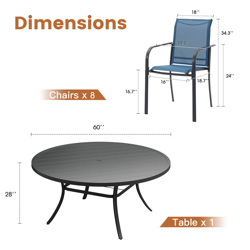 60" Patio dining set with Metal Round Dining Table and Stackable Armrest Dining Chairs, Black/Blue