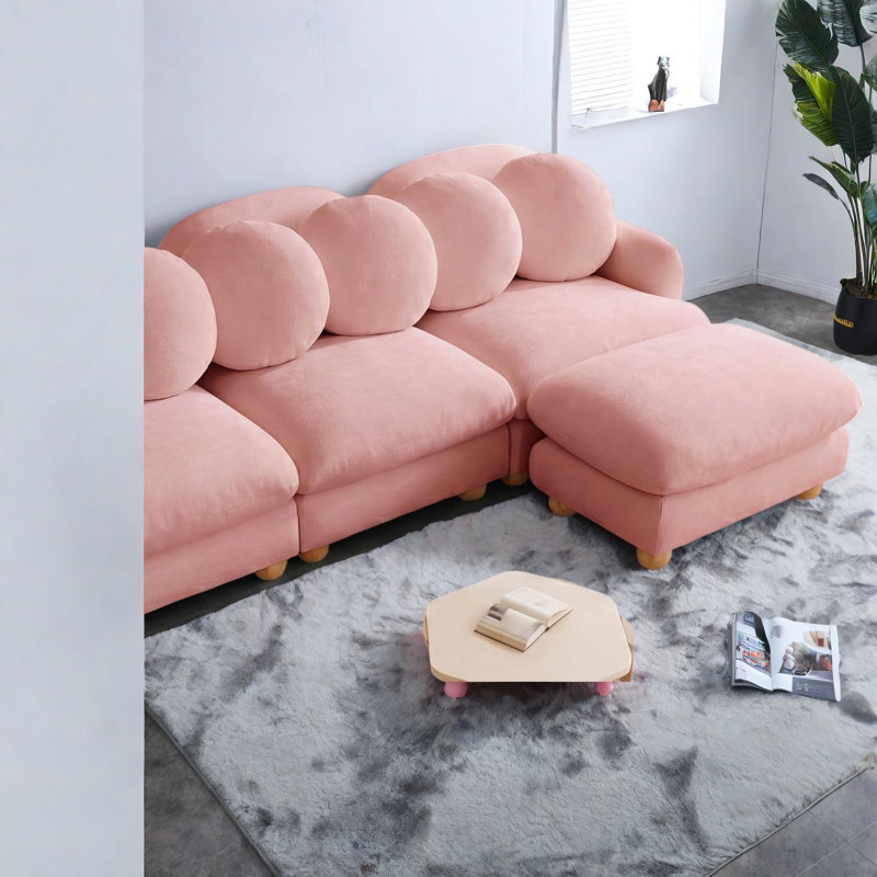 Canapés à compression, assise profonde en chenille rose, structure moderne en bois pour la maison, Rose