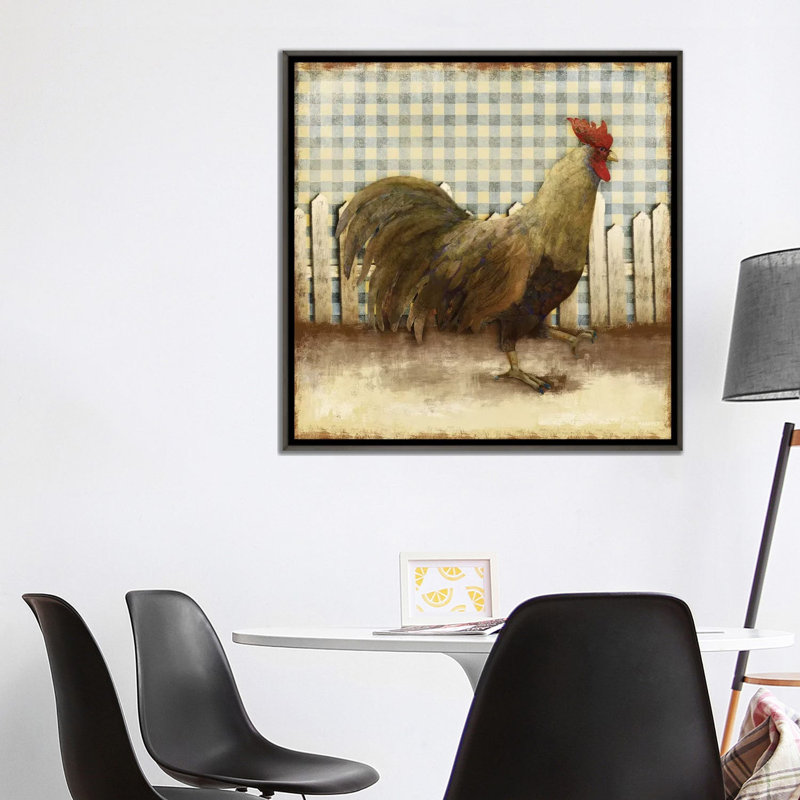«Rooster on Damask I» par Dan Meneely - reproduction d'art, Aucun mat, Toile avec cadre gris, H 37 po x l 37 po x P 1,5 po