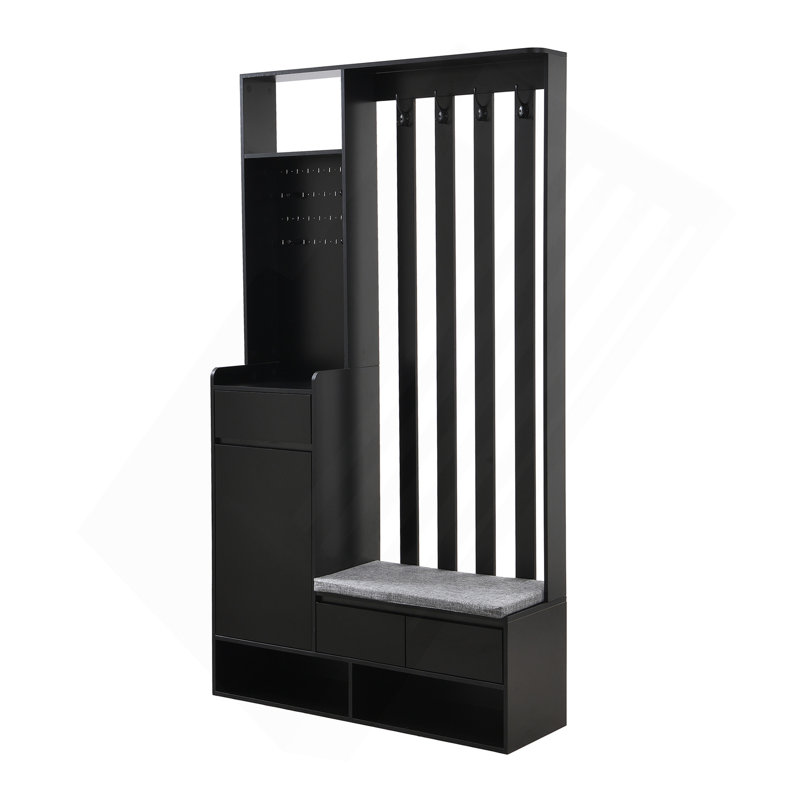 Rangement avec banc de rangement rembourré, armoire à chaussures multifonctionnelle avec panneau perforé, portemanteau moderne avec 4 crochets pour l'entrée, vestibule, noir