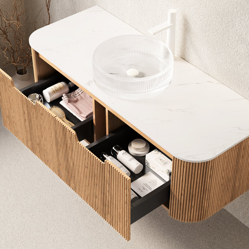 Meuble-lavabo flottant 48 po avec lavabo en verre cristal blanc, tiroirs de rangement, 2 pré-assemblés naturel