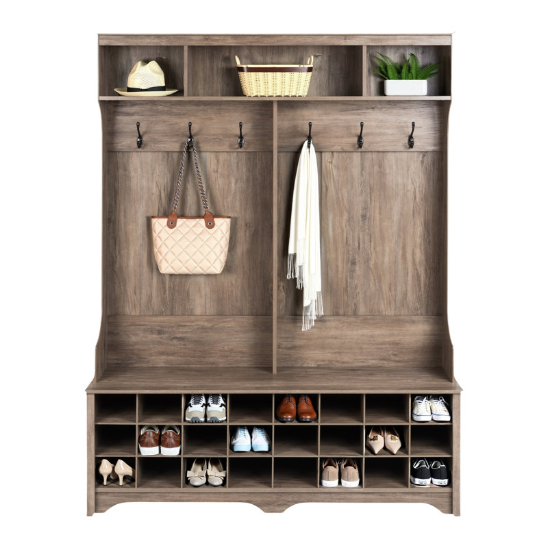 Arbre d'entrée Gracie de 60 po de largeur avec banc et rangement pour chaussures, armoire à chaussures, armoire de rangement avec 24 casiers à chaussures et 6 crochets à manteaux doubles P 15,5 po x l 60 po x H 77 po, gris dérivé