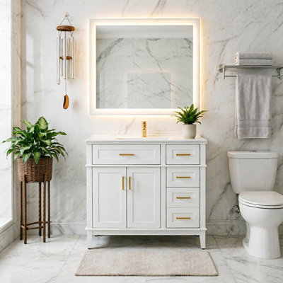 Meuble-lavabo moderne blanc de 91 cm (36 po) avec lavabo en céramique, portes à fermeture douce et 4 tiroirs de rangement, fini peint, cadre en bois massif avec panneaux en MDF.