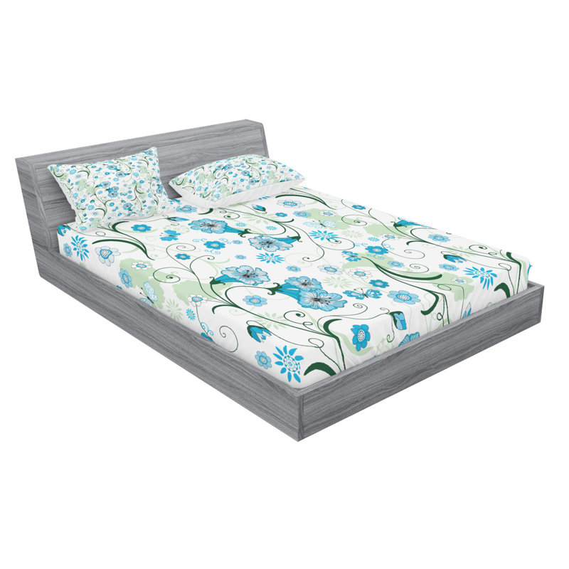 Microfiber Floral Sheet Set, Queen Sheet Set + Fitted Sheet + 2 Pillowcases, Blue/Green Floral
