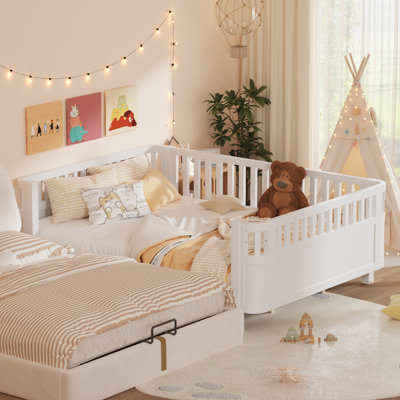 Grand lit plateforme en bois avec rails, lit plateforme en bois à profil bas pour filles et garçons, blanc