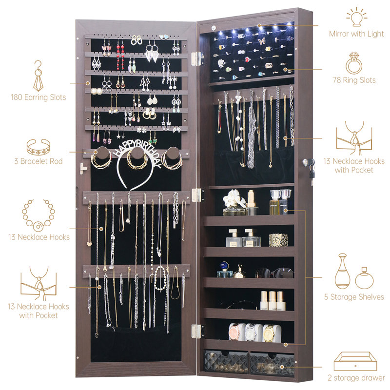 Armoire à bijoux de 14,5 po de largeur avec miroir pleine longueur sans cadre et DEL, Brun