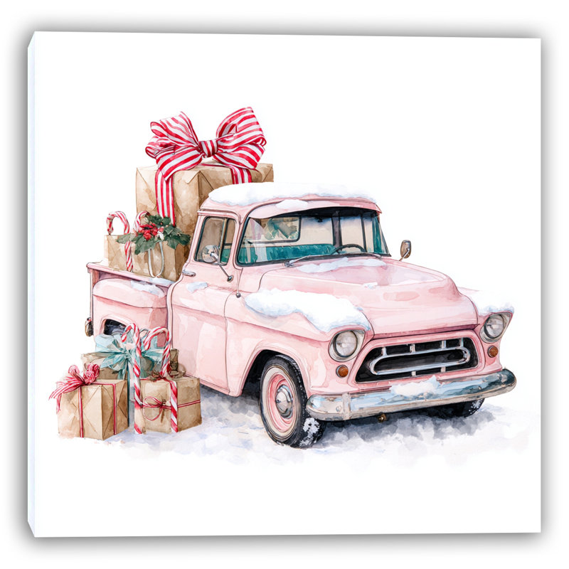 Art rétro sur toile tendue avec un camion de Noël rose rétro, H 20 po x l 20 po