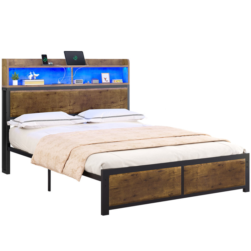 Bed Frame,LED With Headboard,USB Ports & Charging Outlets,Metal Platform Bed Frame With 2 Tiers Storage Shelves, No Box Spring Needed