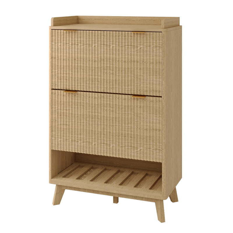 Shoe Cabinet, 48" Tall Narrow Fluted, Oak Color, 2 Flip Drawers, Open Shelf, Curved, Entryway, Natural Wood