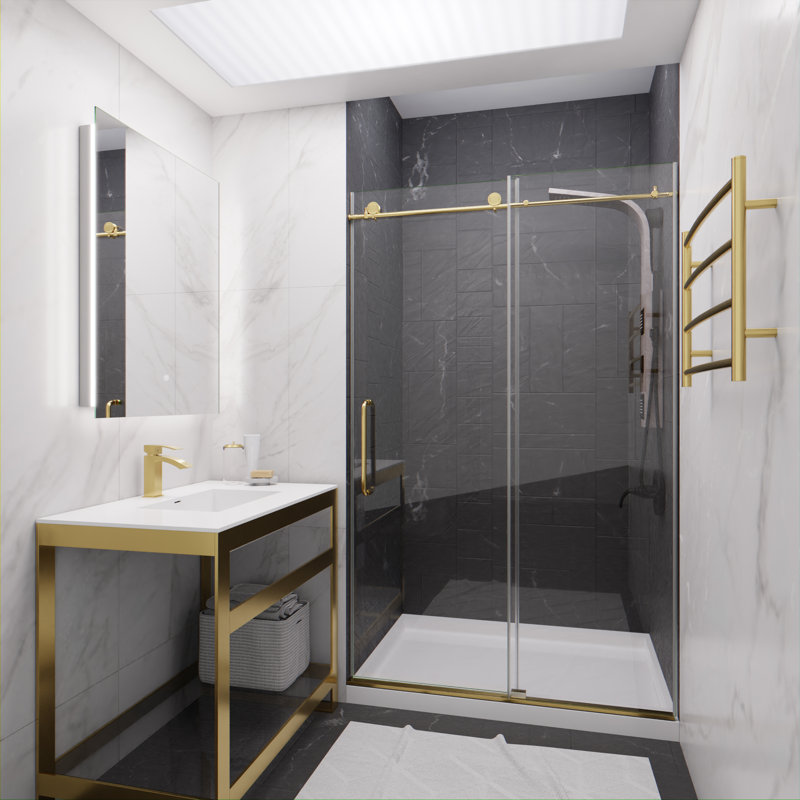 48'' W x 76'' H Single Added Frameless Shower Door with Clear Glass, Brushed Gold