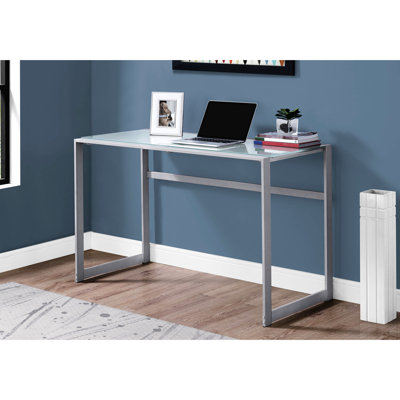48" Home Office Work Table - Frosted White Tempered Glass With Grey Metal Legs, Contemporary And Functional Furniture Desk Space Efficient Design