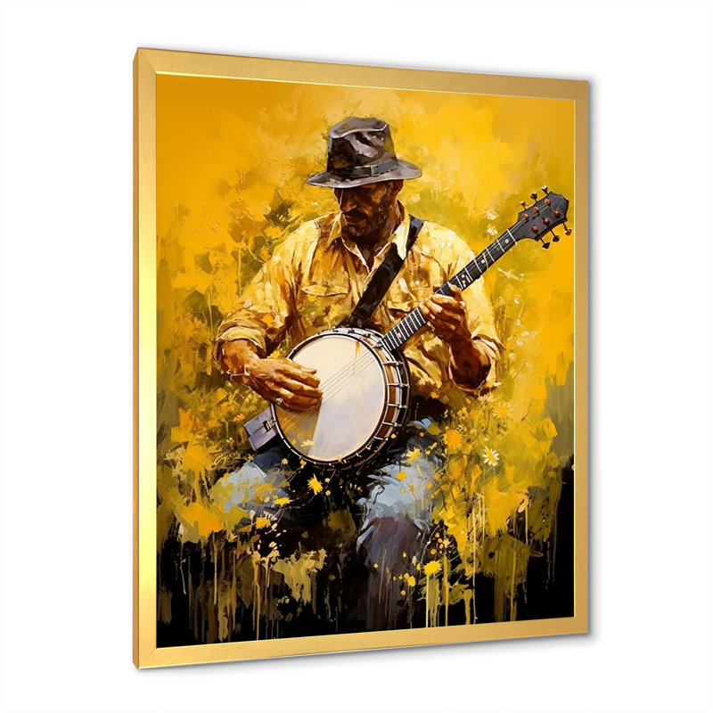 «Music Banjo Bliss Sunny Yellow», reproduction sur toile, Cadre doré simple, H 20 po x l 12 po x P 1 po
