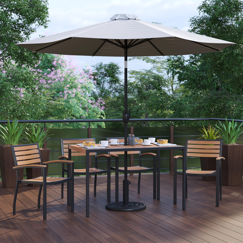 Abdikadir 30" x 48" Faux Teak Patio Table, 4 Chairs and 9FT Patio Umbrella with Base, Gray Umbrella