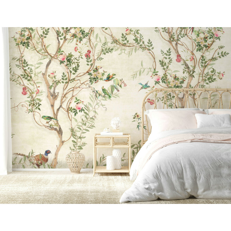 Papier peint rétro avec oiseaux et fleurs, L 115 po x l 225 po, Beige