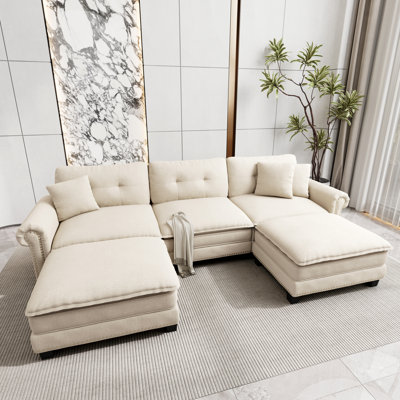124" Modular Sectional Sofa With Nailhead Trim, Oversized U Shaped Couches With Ottomans, 5-seater Deep Seat Sofa With Throw Pillow