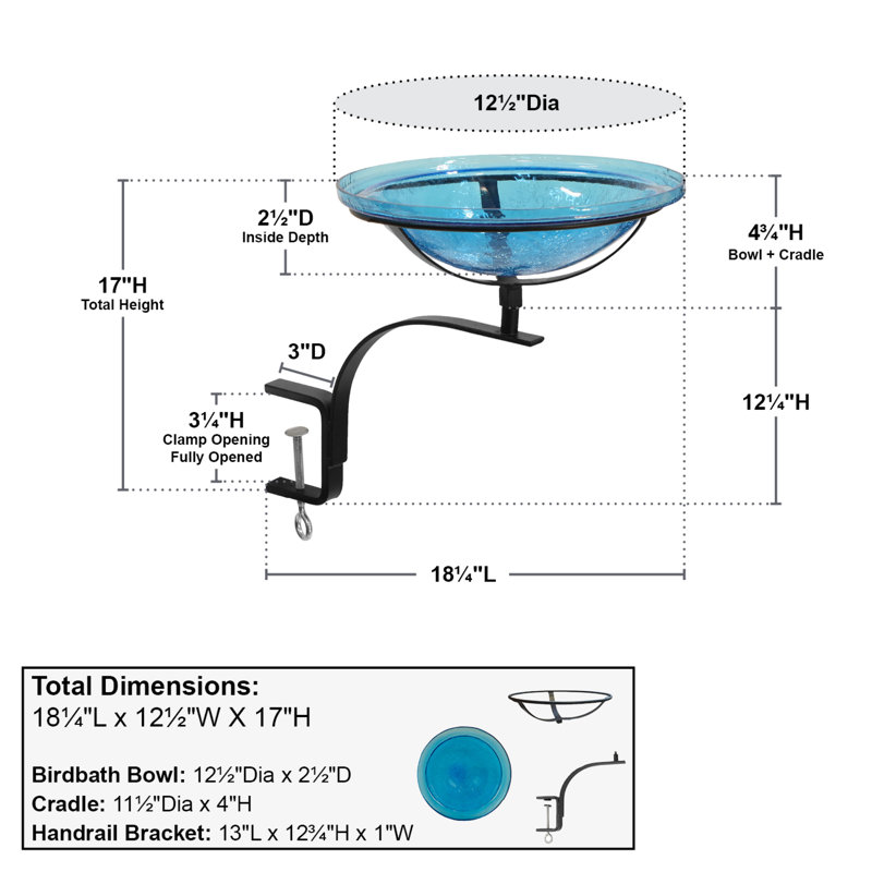 12 Inch Crackle Birdbath with Rail Mount Bracket, Teal