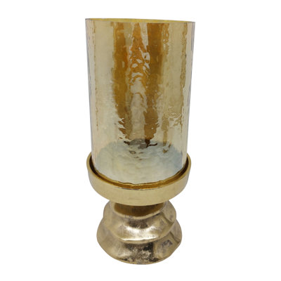 Amber Glass Pillar Candle Holder With Gold Metal Base