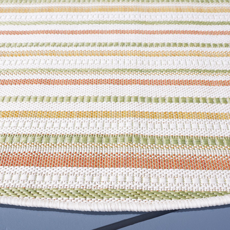 Aramantha Striped Power Loomed Indoor/Outdoor Area Rug in Beige/Rust Yellow/Green, Round 6'7"