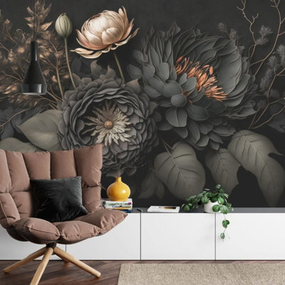 Moody Dark Floral Wall Mural with Charcoal Gray Peonies and Dried Botanical Bouquet Gothic Nature Art for Home Decor
