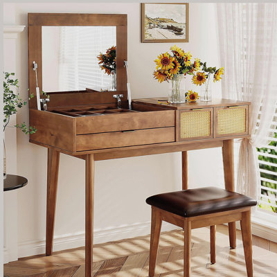 Ensemble coiffeuse classique 43,3 "avec miroir rabattable et tabouret, coiffeuse avec trois tiroirs et espace de rangement