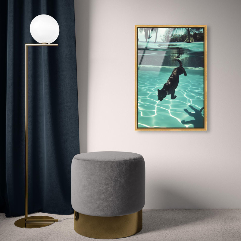 Oliver Gal Panther Swim Animals - Framed Acrylic Glass Wall Art, 30" H x 20" W, Gold