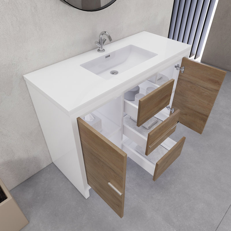 Eden 48" Single Sink Bathroom Vanity Set, Gloss White/Teak