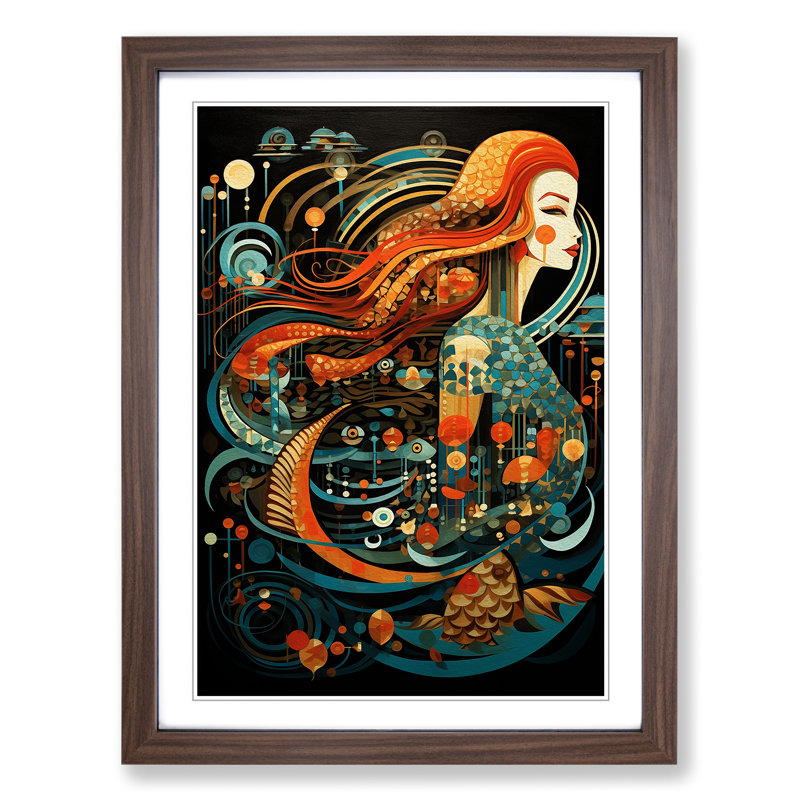 XYZ-FRM-V1223-4490 Mermaid Constructivism - Single Picture Frame Print on Wood, 64cm H x 46cm W x 2cm D, Walnut 