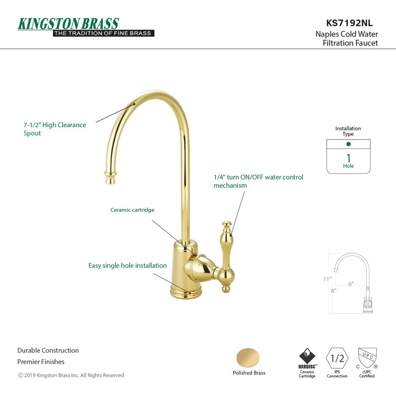 Kingston Brass Naples Single-Handle 1-Hole Deck Mount Water Filtration Faucet, Polished Brass