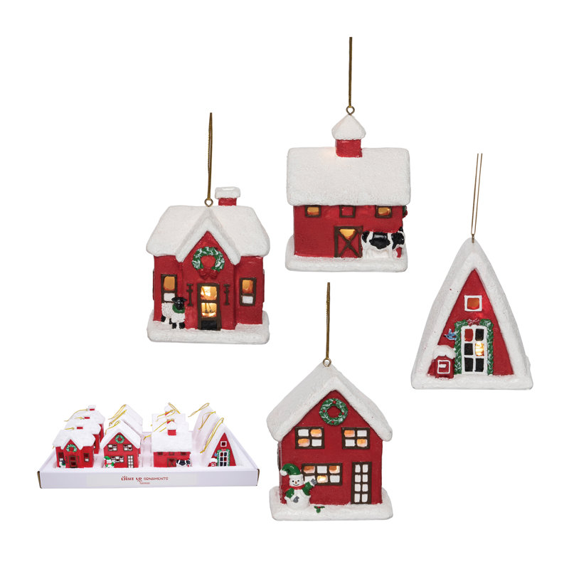 Resin Light Up Holiday Barn Ornaments - Set of 4 Festive Designs for Christmas Tree Decoration, Battery Operated, Multicolor Prelit Indoor Ornaments, Perfect for Gift Giving and Hostess Gifts