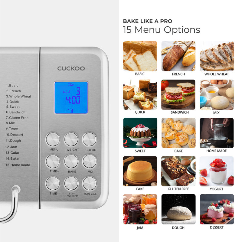 CUCKOO CBM-AAB101S 2 lb. Multi-Functional Bread Maker with 17 Menu Options, Crust Color Customization, Automatic Fruit & Nut Dispenser, 6 Accessories (Stainless Steel)