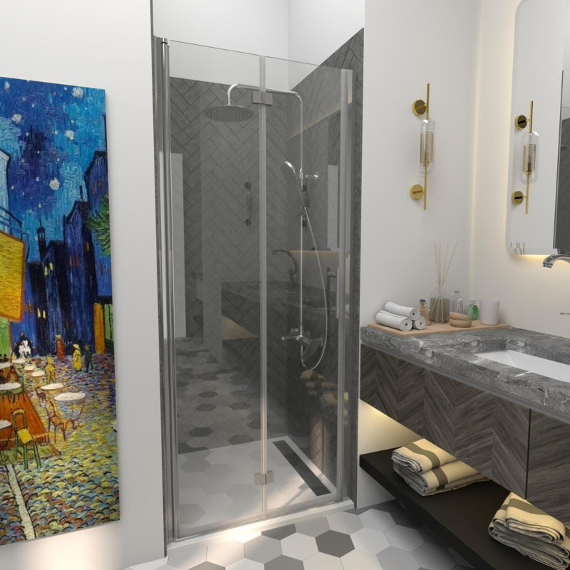 Porte de douche pliante sans cadre KeepTech de 34 x 72 po x l 35,5 po x H 72 po, finition noire mate, verre trempé transparent de 1/4 po (6 mm) de style GSC, portes de douche pliantes à panneaux pliantes, installation réversible, certification ANSI, st