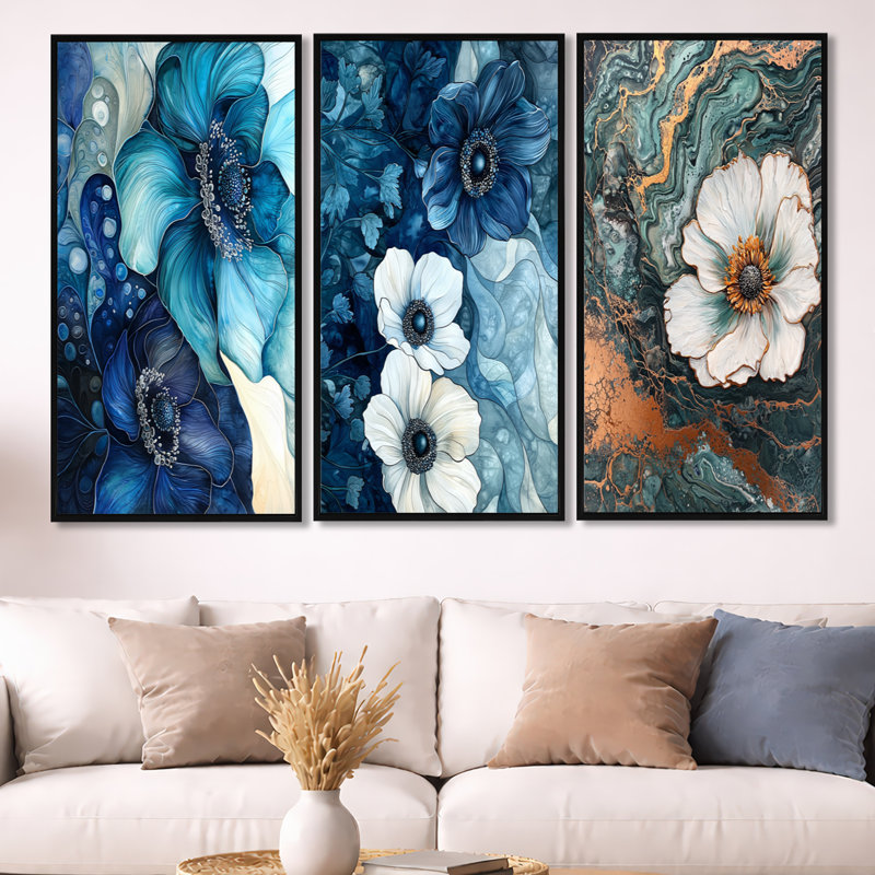 Emeraude sérénade de fleurs d'anémone - coquelicots bleus, 3 pièces, Black Floater Framed, 32" H x 48" W