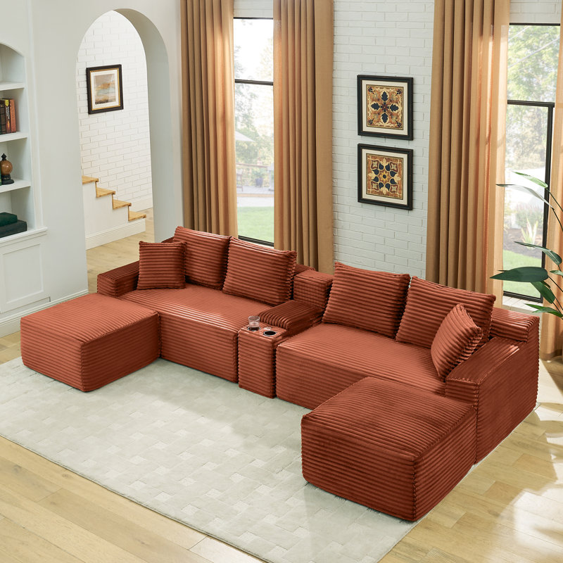 Modular Boneless Corduroy Sectional with Storage Console & USB No Assembly, Orange