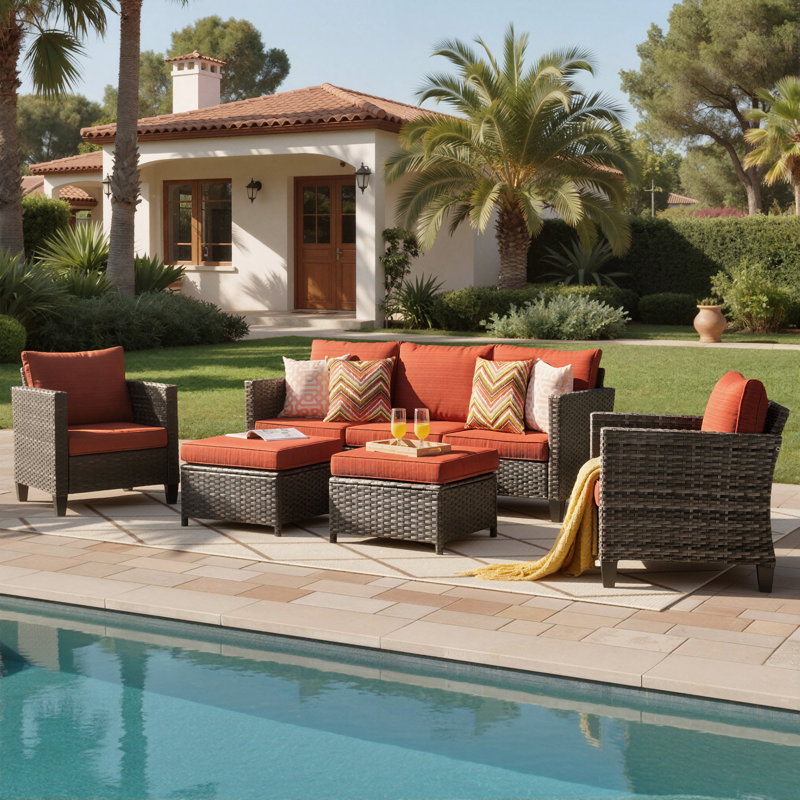 Amerissa Rattan Sectional Seating Group with Cushions, Orange Red