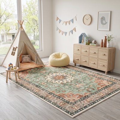 9 po x 12 pi Tapis rétro lavable à poils courts Tapis antidérapant à médaillon oriental pour salon / chambre à coucher