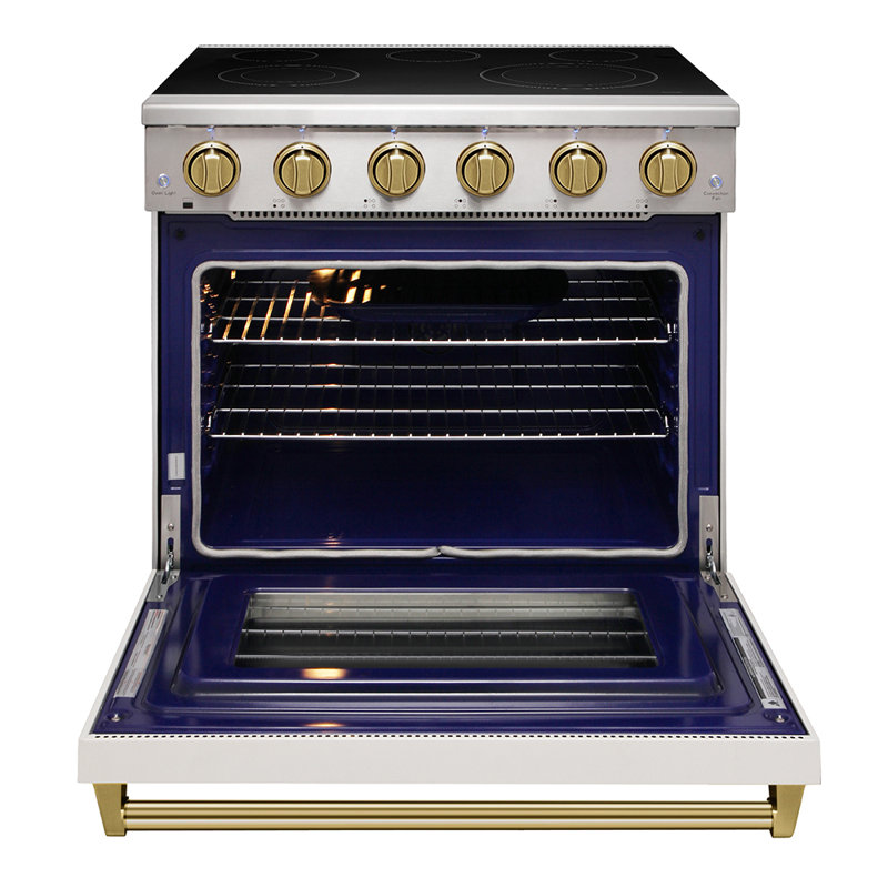 Plaque de cuisson électrique professionnelle de 36 po avec 5 éléments chauffants, capacité de 6 pi³ de la cuisinière Kostch, surface de cuisson en verre lisse blanc avec détails bronze