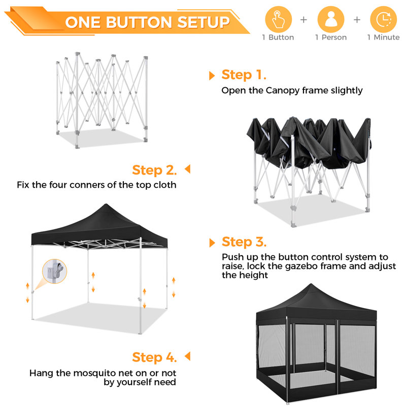 10' x 10' Black Heavy Duty Pop-Up Canopy Tent with Netting