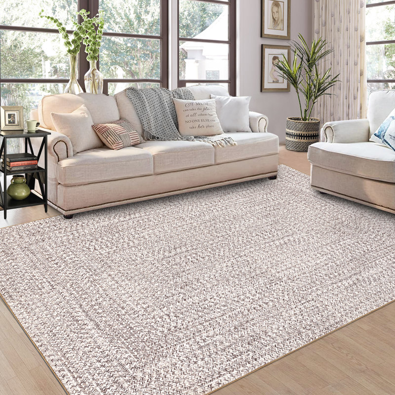 Braided Printed Texture Machine Washable Rug with Rubber Backing for Living Room Non-Slip Dining Room Rug Easy-Cleaning Floor Carpet for Bedroom