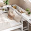 Lit de jour double avec couchette, structure en bois avec tiroirs de rangement, tablettes latérales et bureau, blanc-561635920-561635921